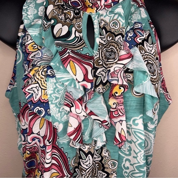 LARGE 42 POPS BLUE BOHO RUFFLE SLEEVELESS STRETCH BLOUSE TOP PAISLEY - Picture 6 of 11